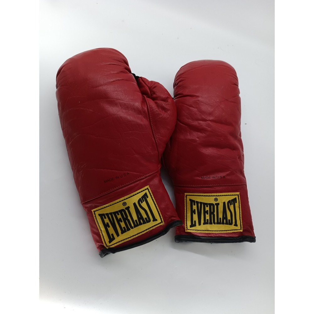 Everlast Boxing Gloves Red Leather VTG 80s 90s Yellow Label 12 oz Made USA a7